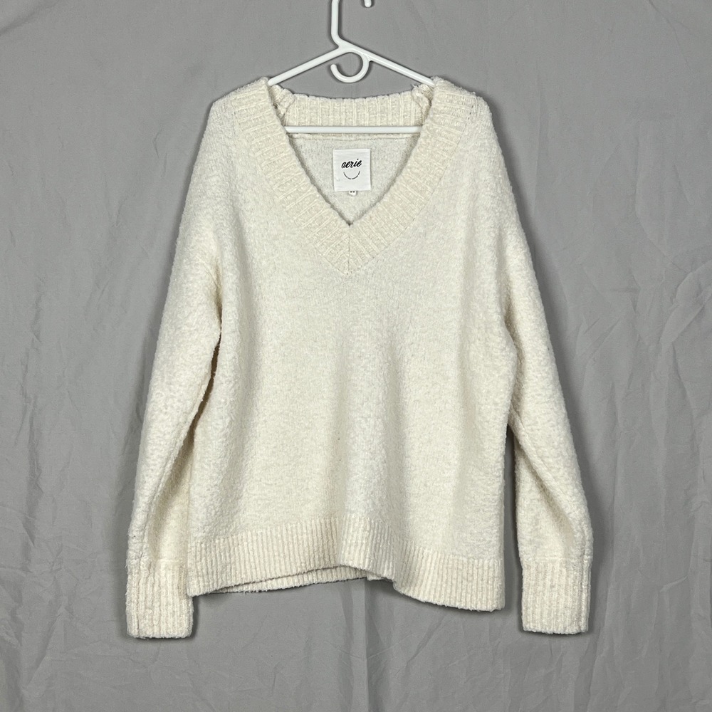 Aerie V-Neck Sweater Medium Boucle Knit Oversized Cream Pullover Soft Cozy